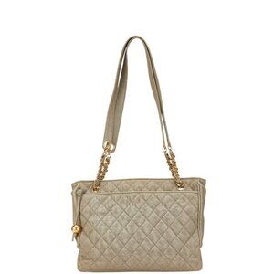 CHANEL Gray Leather Logo Tote Bag